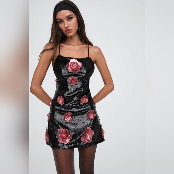 For Love And Lemons Dresses & Skirts - For Love & Lemons Jude Mini Dress Black / Pink Floral Sequin Dress Sz Xs